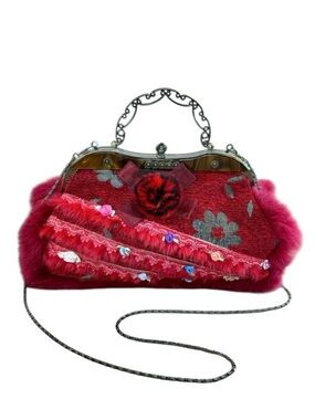 Sassi Cindi faux fur and tapestry handbag/crossbody Deep Red Kiss lock closure